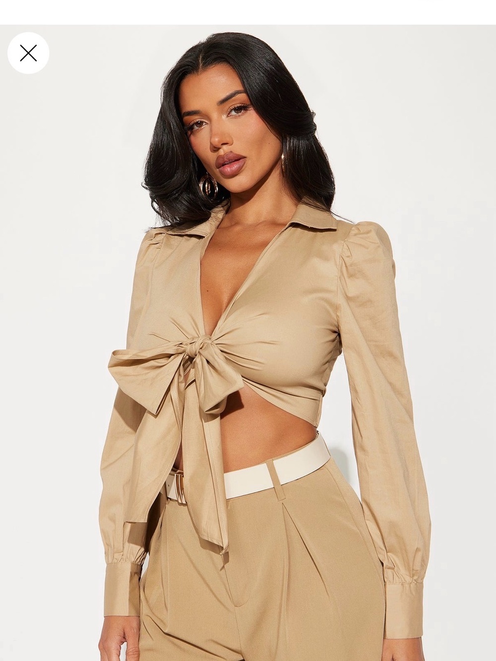 Fashion Nova Camel Tie-Front Crop Top